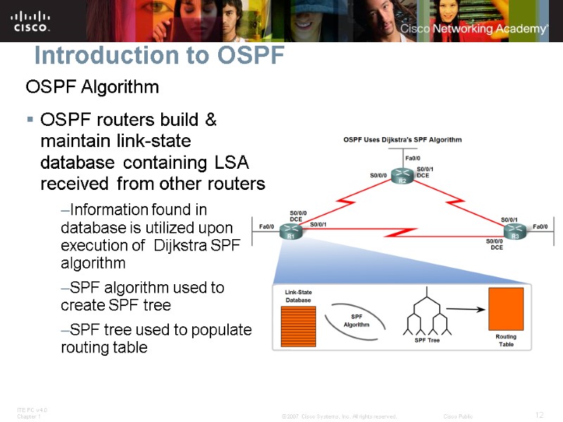 Introduction to OSPF OSPF Algorithm OSPF routers build & maintain link-state database containing LSA